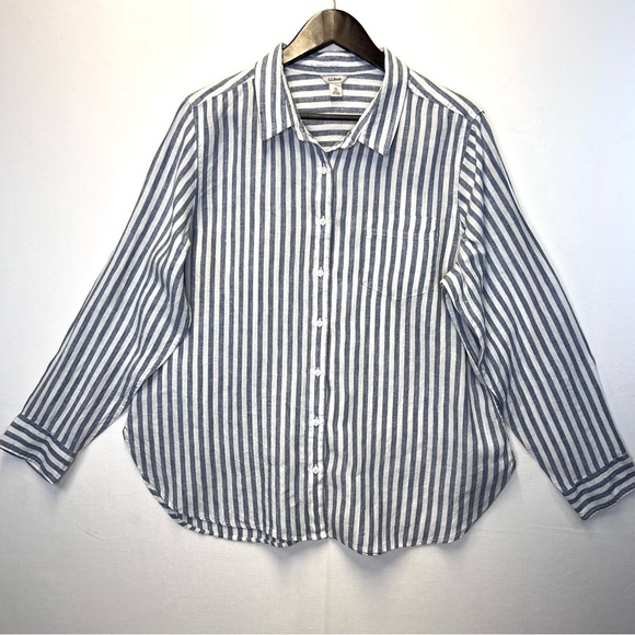 LL Bean women’s 100% linen long sleeve button down shirt top sz XL blue white - Picture 1 of 8